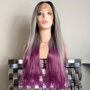 Ombré wig Swiss lace front gray purple dark roots